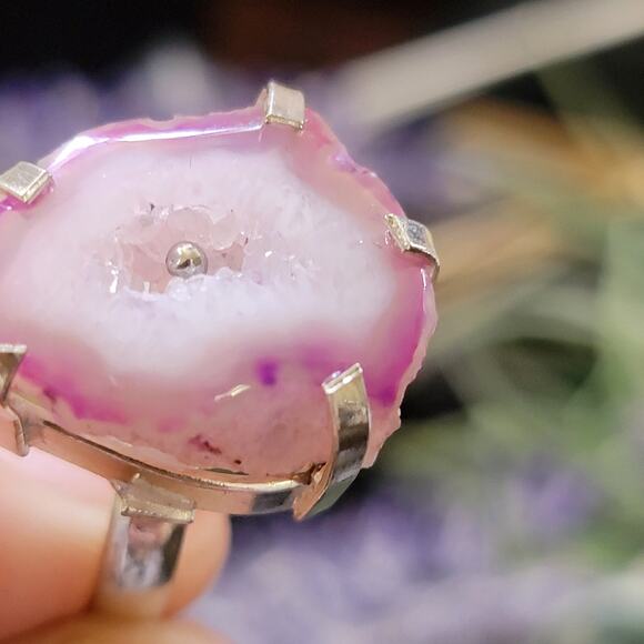 Pink Agate Slice Statement Rings, Gemstone Sterling Silver Ring, Size 7.5 - Picture 6 of 10
